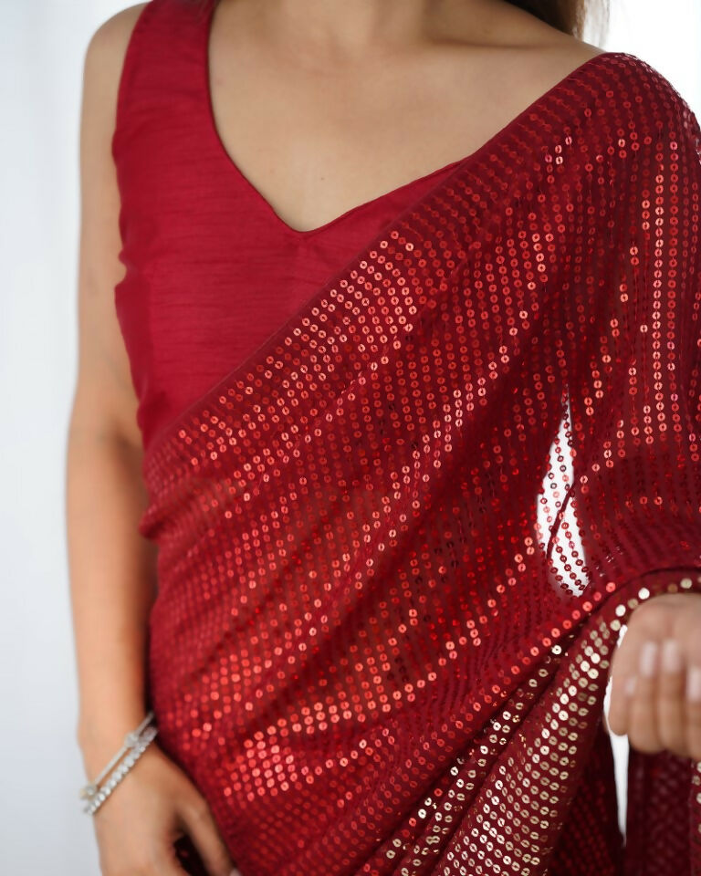 Red Georgette Designer Sequence Embroidery Work Saree - Sitare | Grocsy