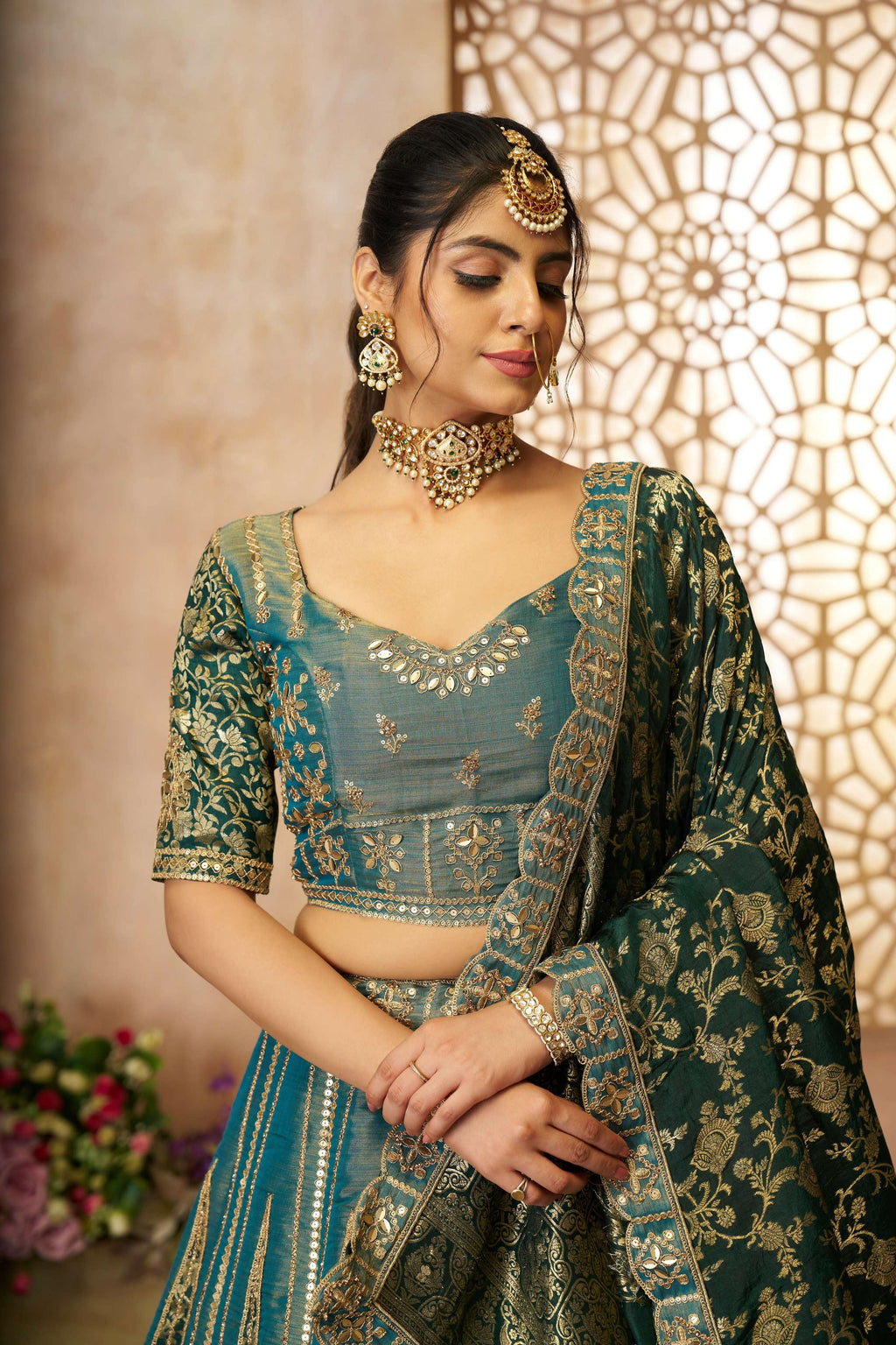 Kesar Fab Green Net Hand_Woven Lehenga | Grocsy