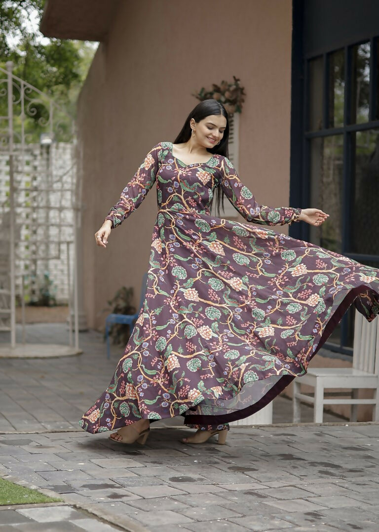 Jyoti Fashion Women's Coffee Faux Georgette Floral Digital Printed Anarkali Dress with Dupatta | Grocsy