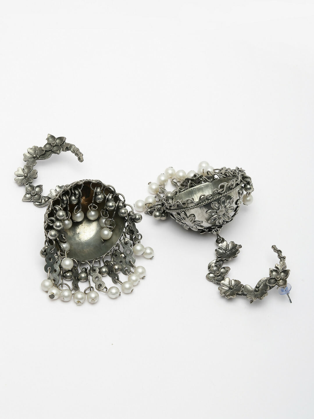 NVR Women's Silver Plated Pearl Beaded Oxidised Contemporary Jhumka Earrings | Grocsy