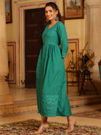 Juniper Women's Teal Festive Embroiderd Flared Dress | Grocsy