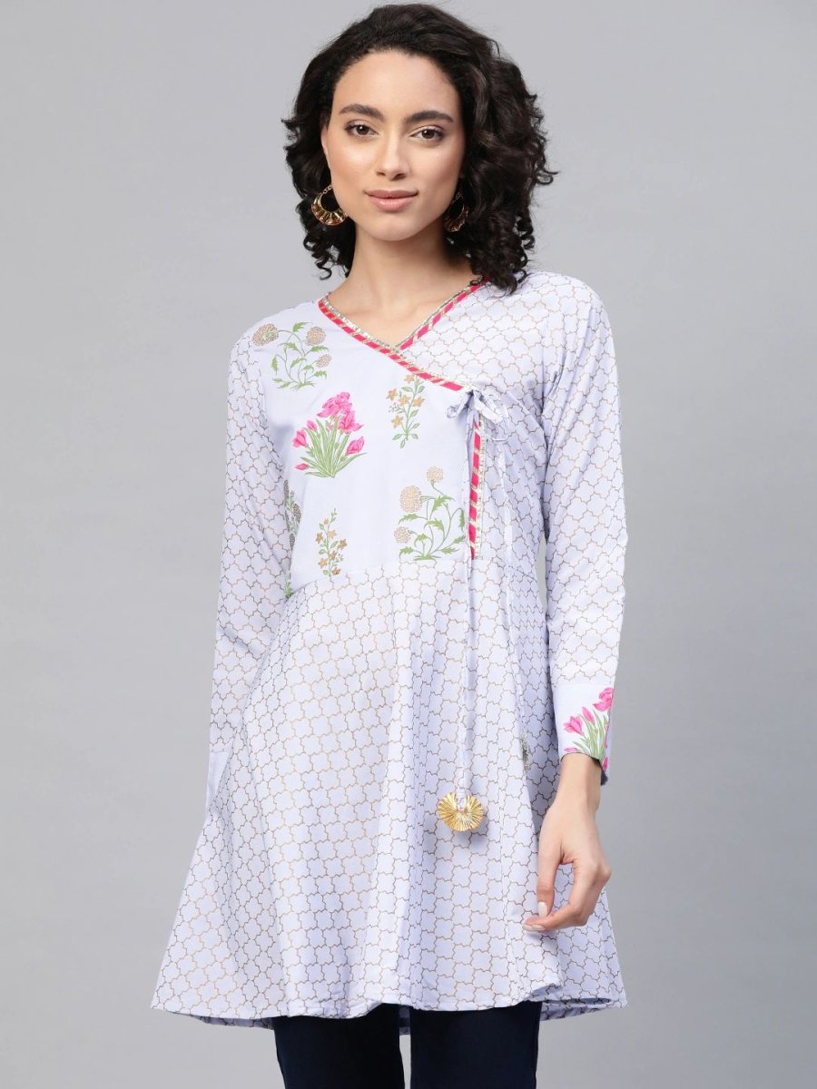 Ahalyaa Women Blue Crepe Pink & Gold Ethnic Print Angrakha Tunic | Grocsy