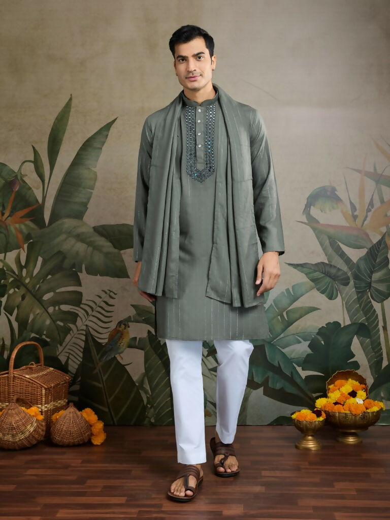 Vastranavya Rust Green Exclusive Viscose Rayon Festival Wear Real Mirror Work Kurta with Dupatta | Grocsy