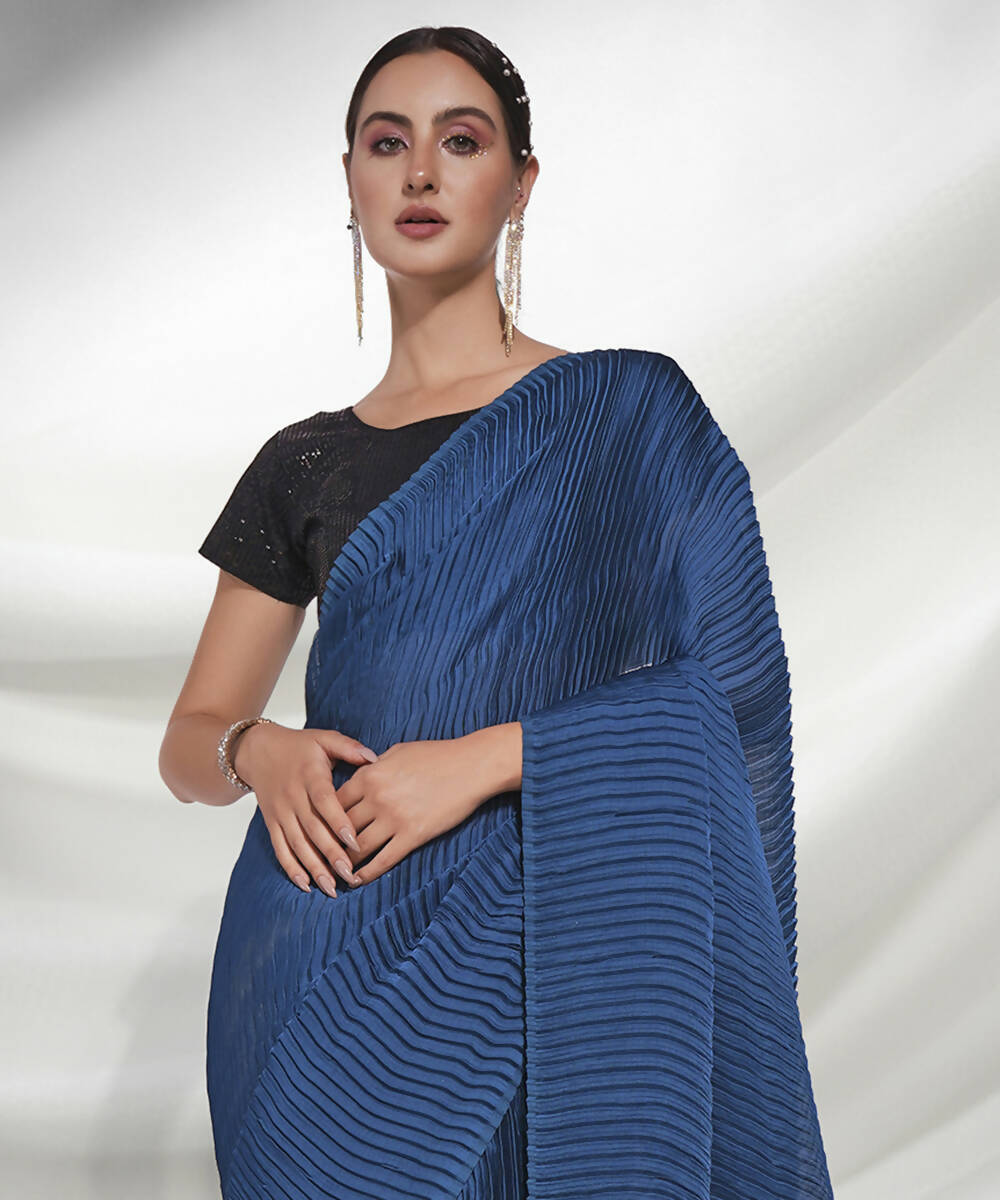 Teal Georgette Solid Texture Saree With Unstitched Blouse Piece - Rajal | Grocsy