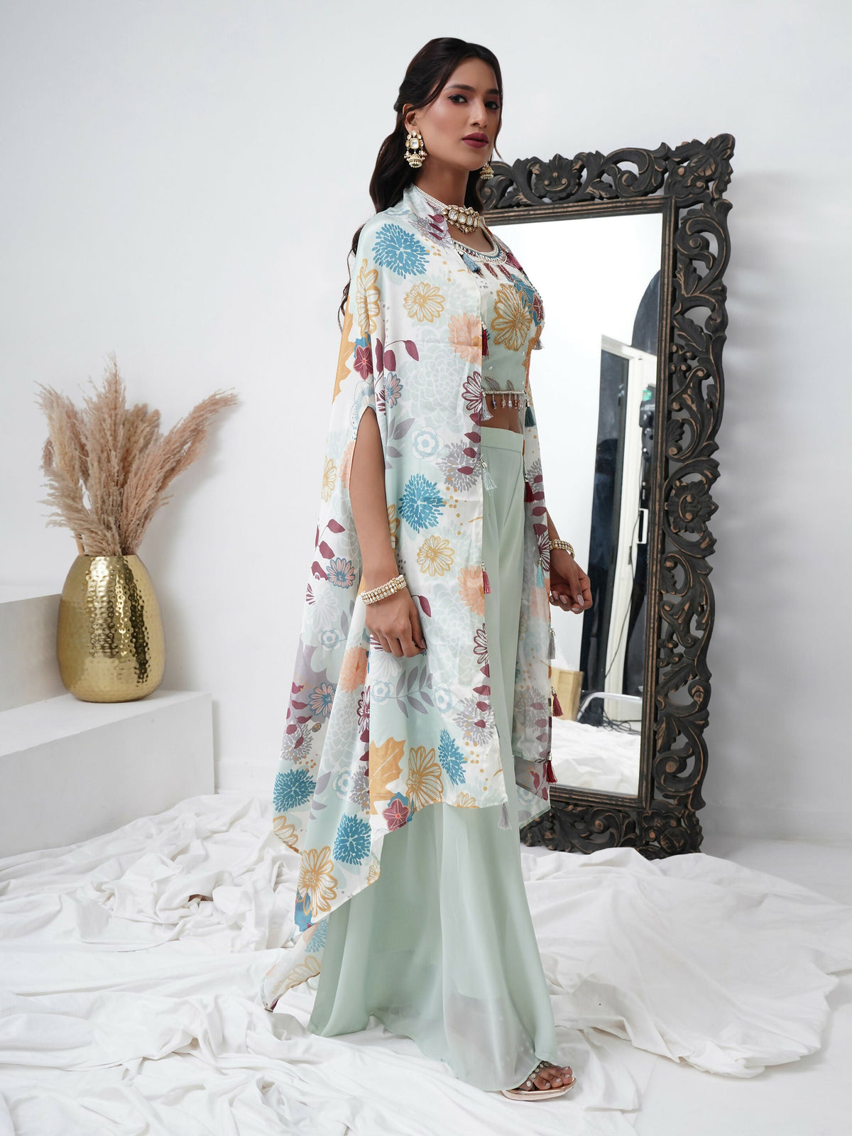 Sea Green Digital Chinon Handwork Top with Palazzo & Shrug - Naomika | Grocsy