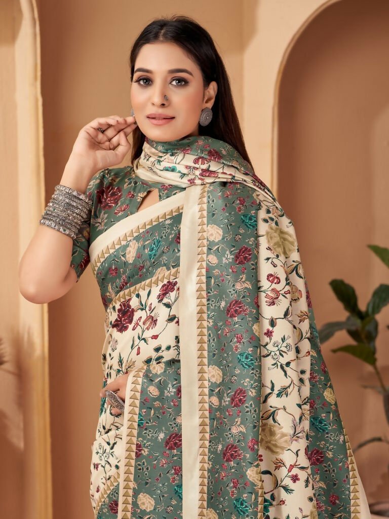 Aayaa Designer Winter Collection Printed Saree With Shawl - Multi Color | Grocsy