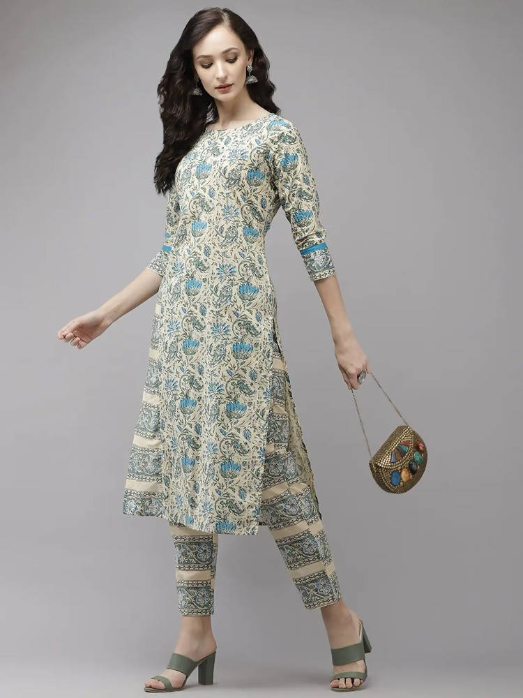 Yufta Women Beige Floral Printed Regular Pure Cotton Kurta with Trouser | Grocsy