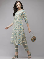 Yufta Women Beige Floral Printed Regular Pure Cotton Kurta with Trouser | Grocsy