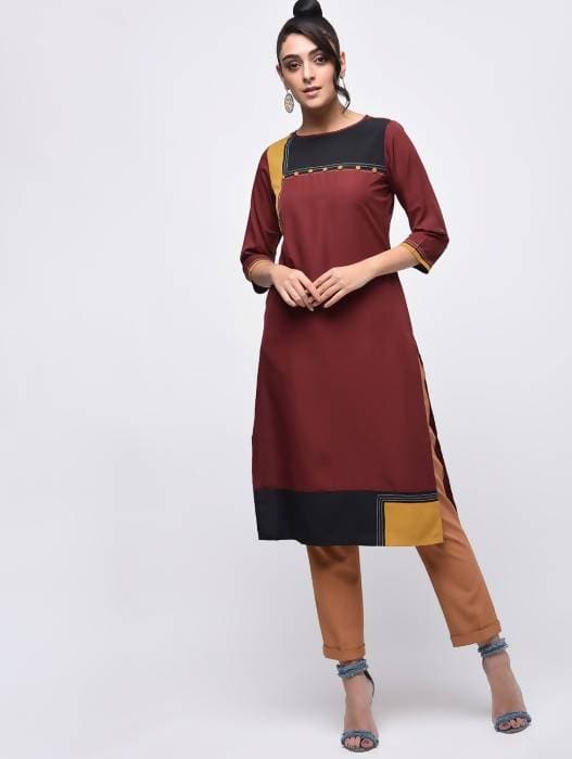 Aniyah Crepe Color Block Straight Brown Kurta (AN-139K) | Grocsy