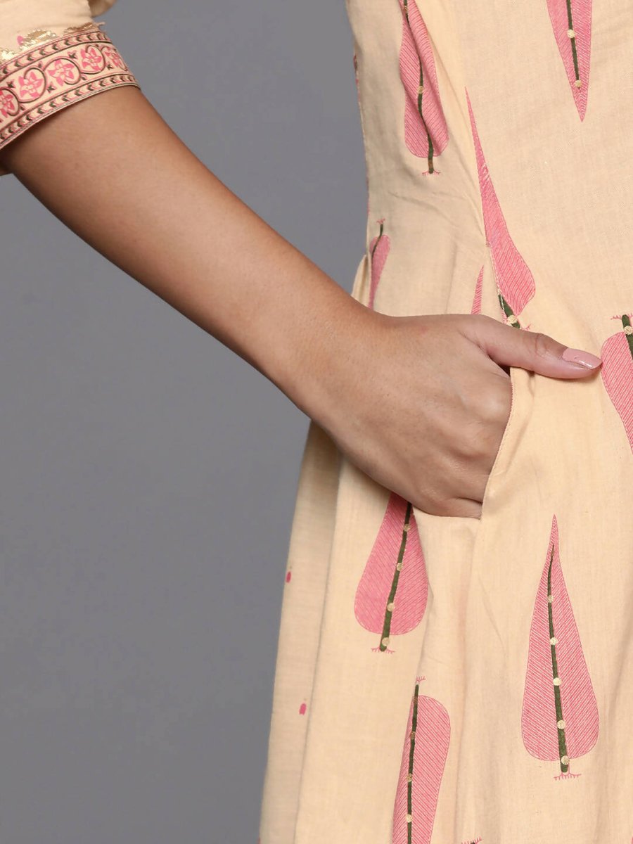 Ahalyaa Women Cream-Coloured & Pink Floral Print Pure Cotton Anarkali Kurta with Palazzos | Grocsy