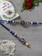 NVR Women & Men Set of 2 Blue Evil Eye Beaded Bhaiya Bhabhi Rakhi With Roli Chawal | Grocsy