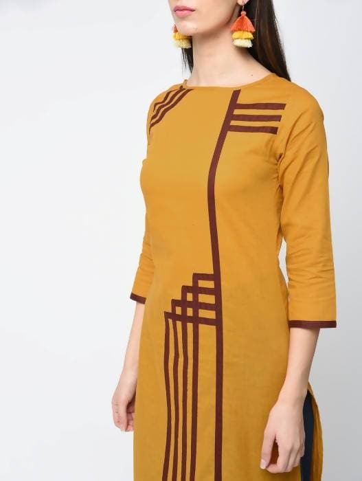 Aniyah Cotton Straight Mustard Color Kurta With Patchwork (AN-105K) | Grocsy