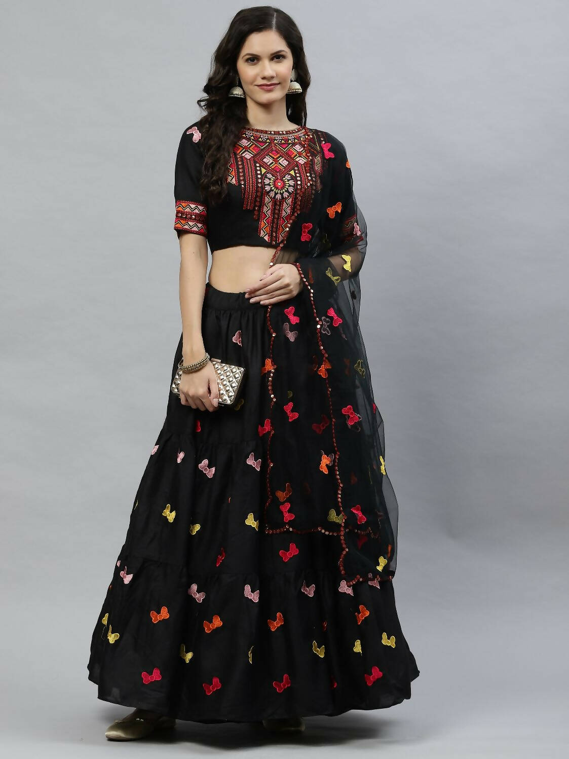 Black Cotton Embroidered Work Lehenga Choli with Dupatta - Jivika | Grocsy