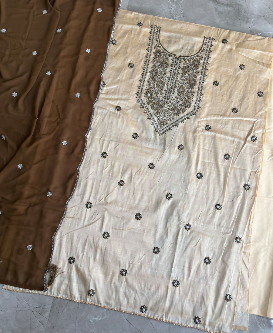 KC Khadi Cotton White Suit With Mahendi Dupatta 3 Piece Pair For Women | Grocsy