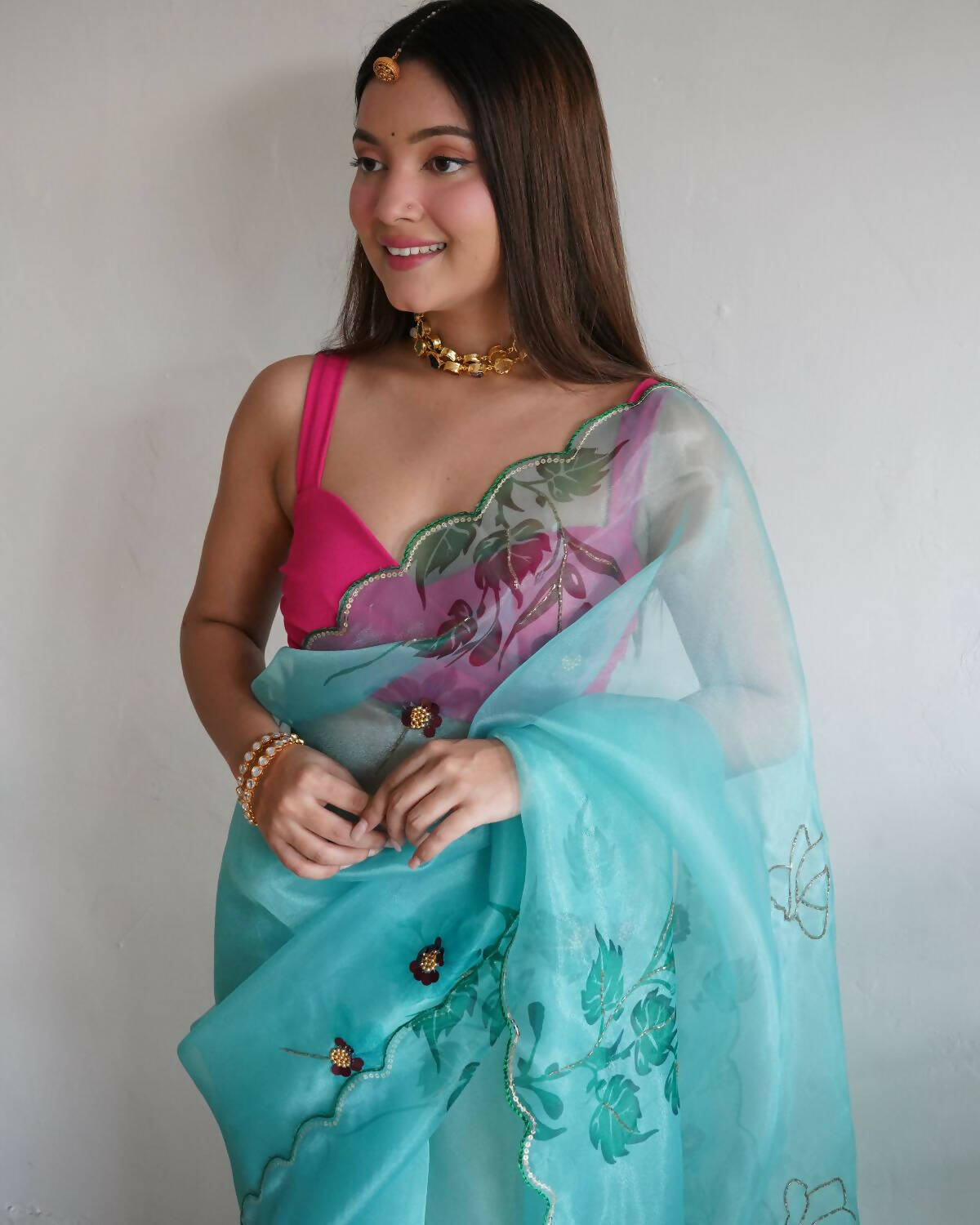 Vamsee Lime Green Organza Saree | Grocsy