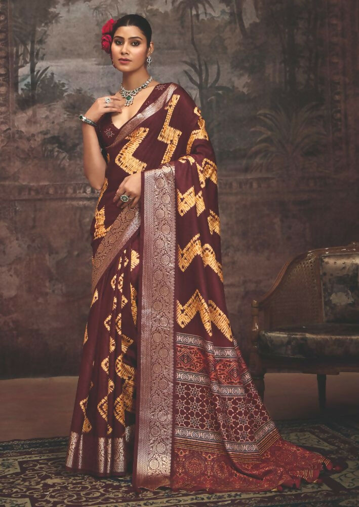 Joban Fashion Maroon Dola Tussar Silk Self Jacquard Border Saree | Grocsy