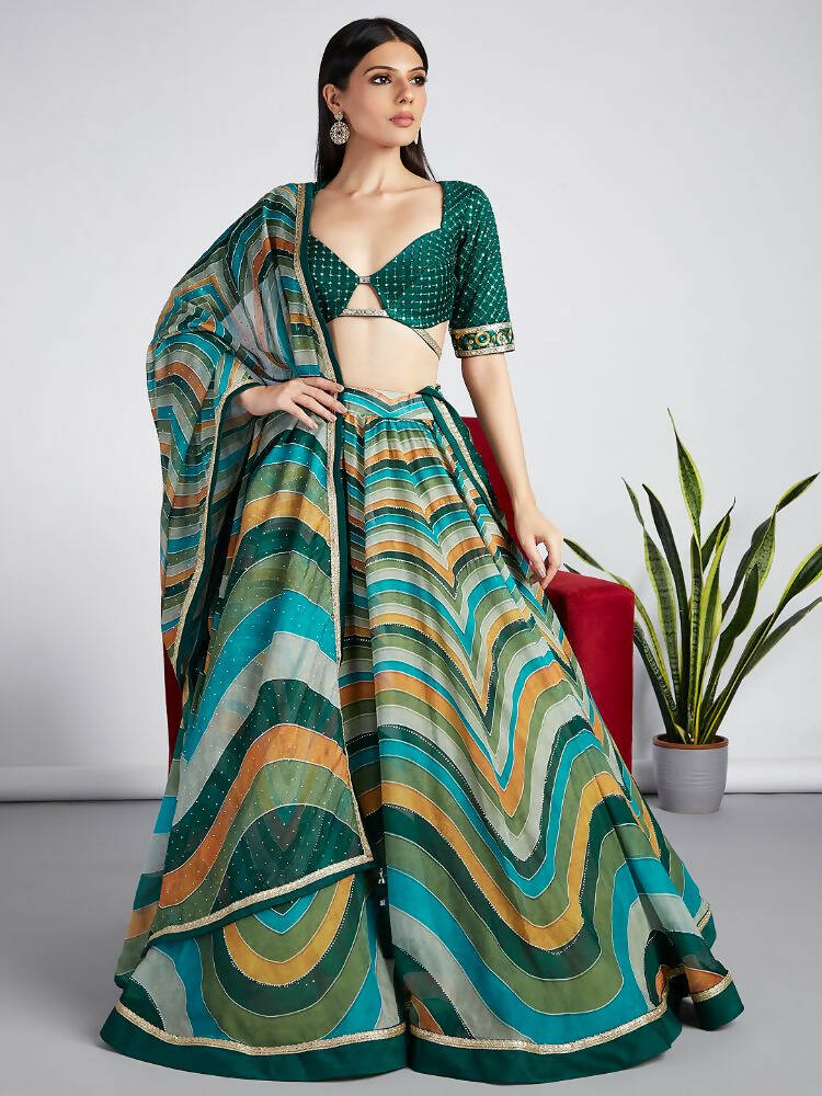 House of Panchhi Green Organza Siroski Stone Work Leheriya Print Lehenga Choli & Dupatta | Grocsy