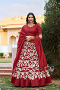 Vastranavya Ethnic Look Tussar Silk Floral Printed With Foil Work Indian Lehenga Choli - Red | Grocsy