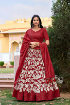 Vastranavya Ethnic Look Tussar Silk Floral Printed With Foil Work Indian Lehenga Choli - Red | Grocsy