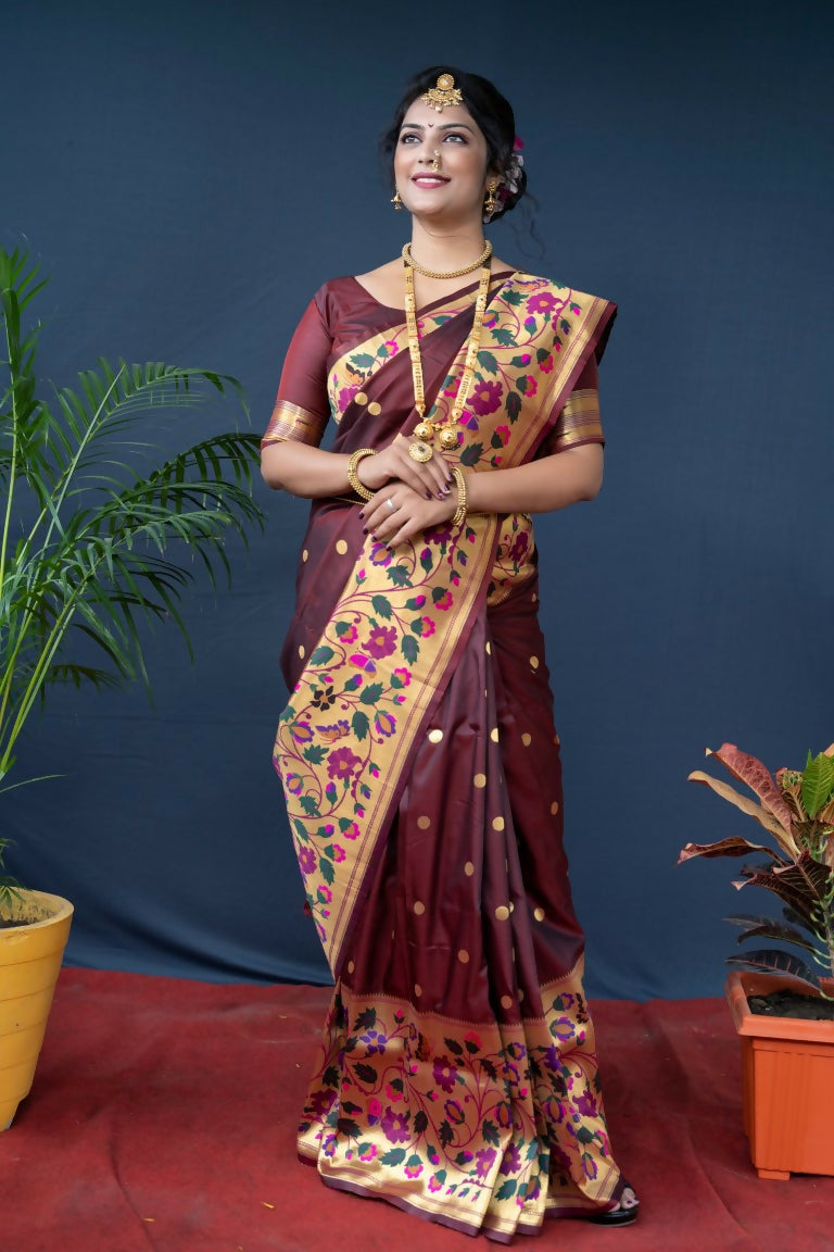 Jyoti Fashion Women's Brown Paithani Silk Zari Woven Saree with Blouse | Grocsy