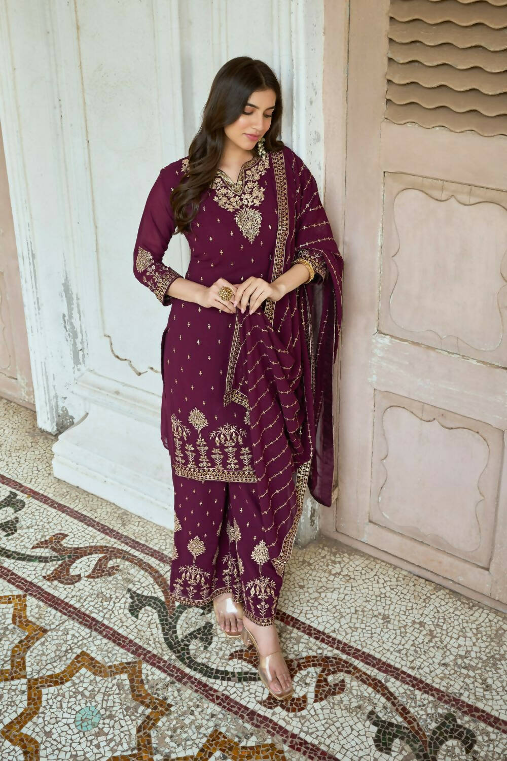 Wine Heavy Fox Georgette Embroidered Semi Stitched Suit - Dhvani | Grocsy