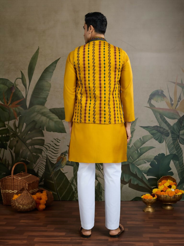 Vastranavya Yellow Exclusive Festival Viscose Silk Thread & Swarovski Embroidered Work Mens Wear Kurta & Koti | Grocsy