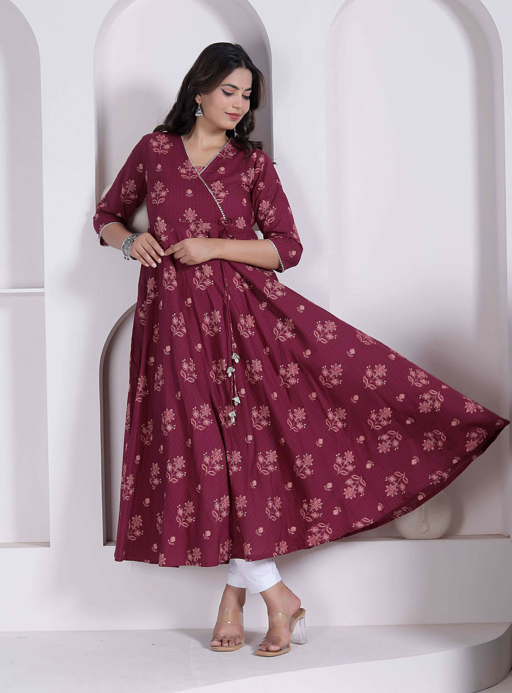 Miravan Womens Maroon Floral Printed Angrakha Style Kurta | Grocsy