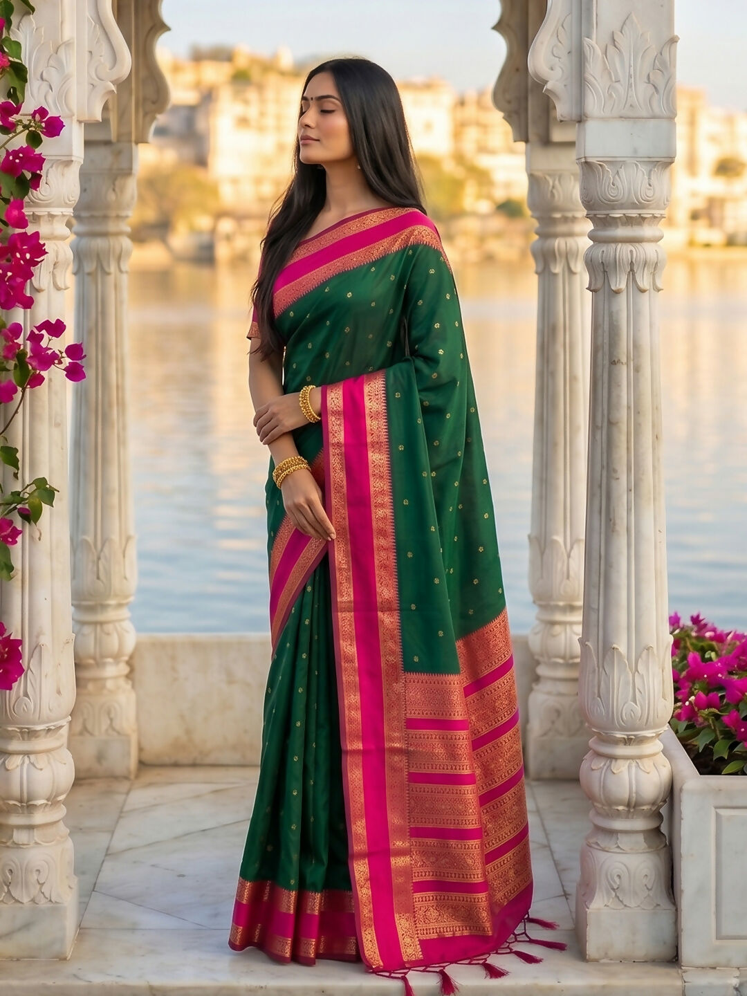 Shree Shyam Fashion Dark Green Silk Blend Saree | Grocsy