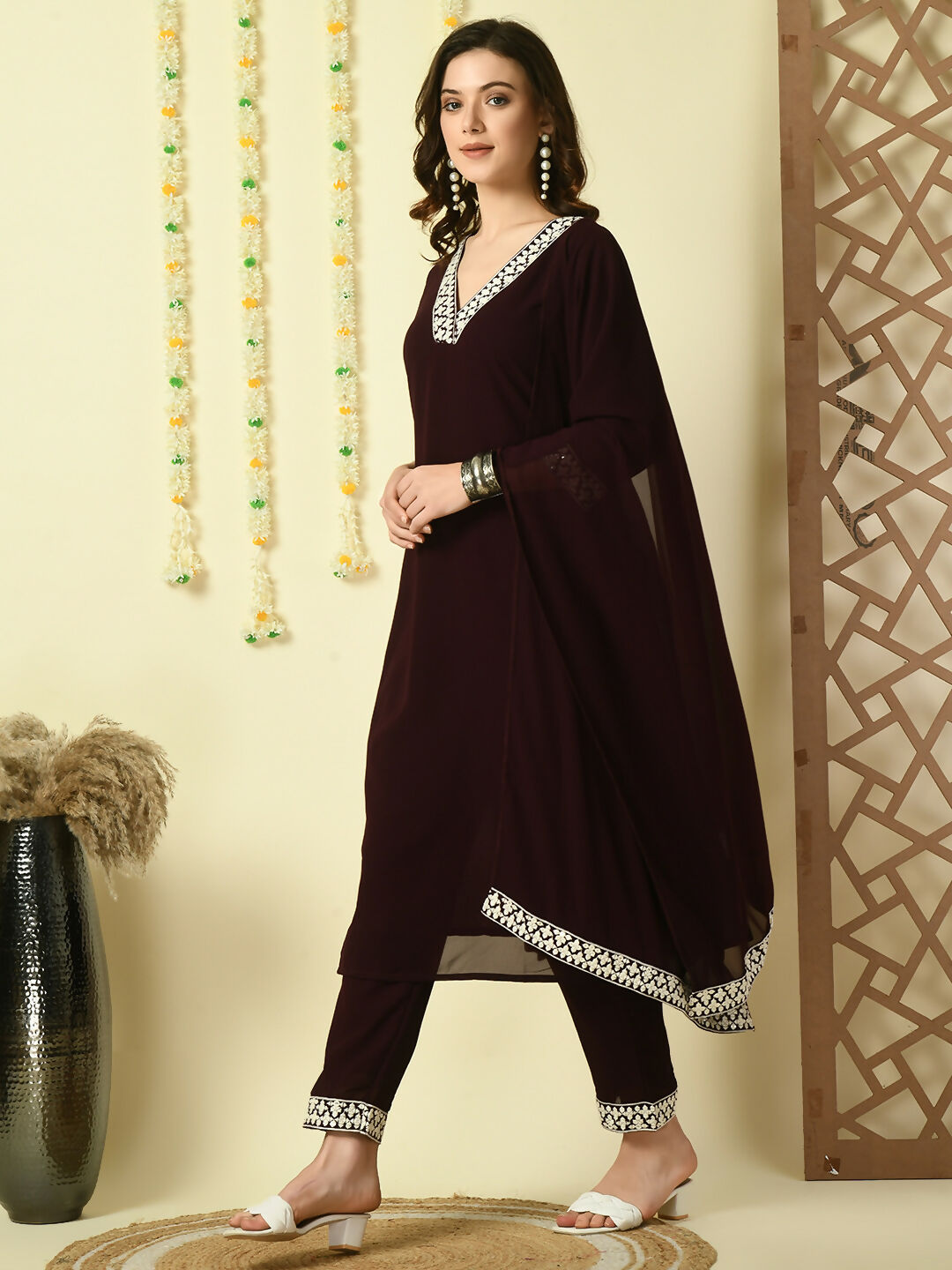 Myshka Women's Coffee Brown Georgette Kurta & Trousers With Dupatta Party Sets | Grocsy