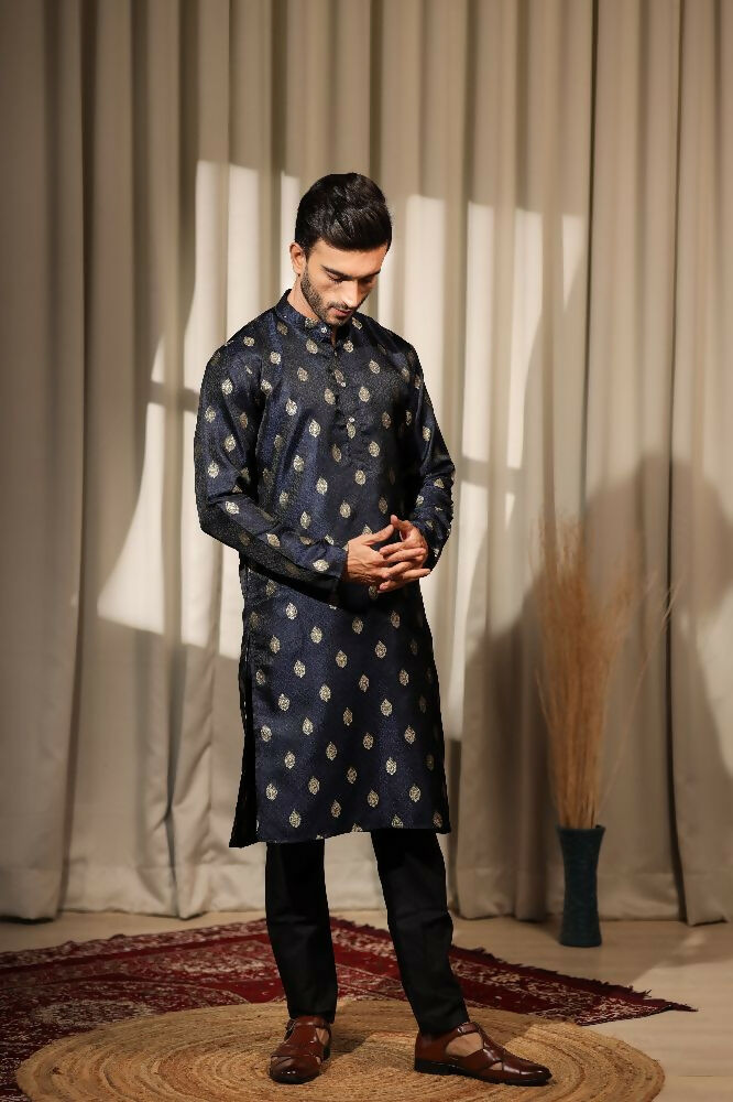 Blue Viscose Jacquard Wovon Designer Kurta Set - Mahotsav | Grocsy