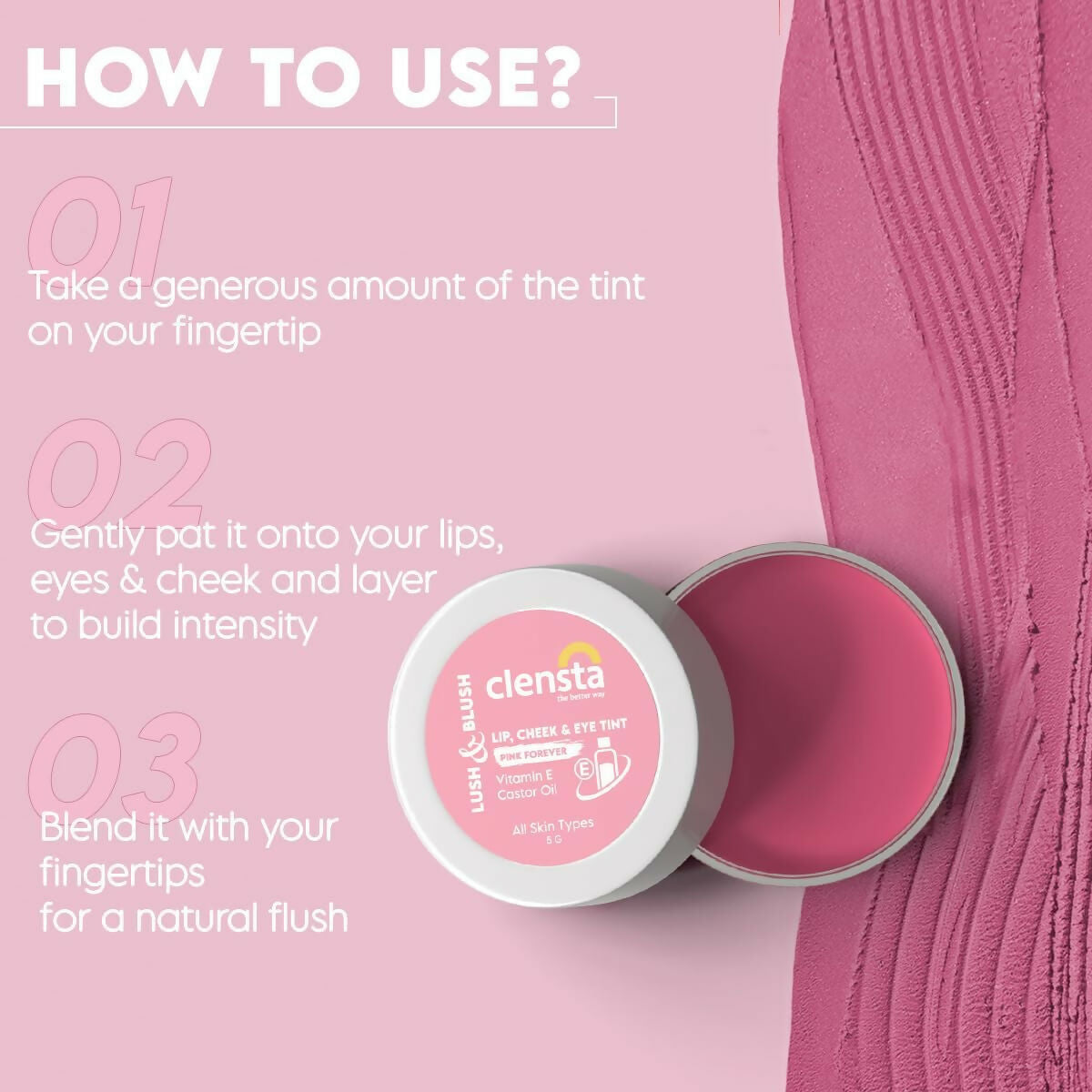 Clensta Lip Cheek Tint - Pink Forever, with Goodness of Vitamin E & Castor Oil | Grocsy