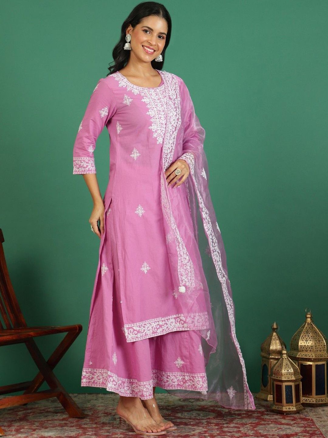 Sangria Embroidered Pure Cotton Round- Neck Kurta & Trousers With Dupatta | Grocsy