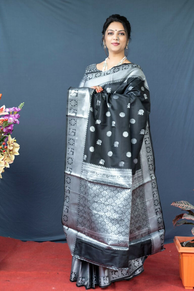 Jyoti Fashion Women's Black Soft Banarasi Silk Zari Woven Saree with Blouse | Grocsy