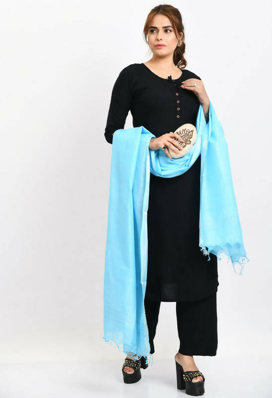 Mominos Fashion Moeza Women's Linen Cotton Silver Border Sky Blue Dupatta | Grocsy