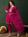 The52 Women's Beautiful Embroidery Work Vichitra Fabric A-line Kurta Pant and Dupatta Set | Grocsy