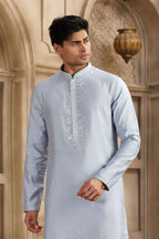 Raivat Ethnic Banarasi Art Silk Mirror Work Kurta Pajama In Sky Blue Colour | Grocsy