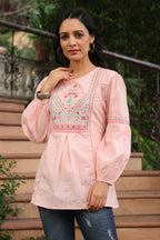 Juniper Women's Peach Cotton Dobby Solid Embroidered Straight Tunic | Grocsy