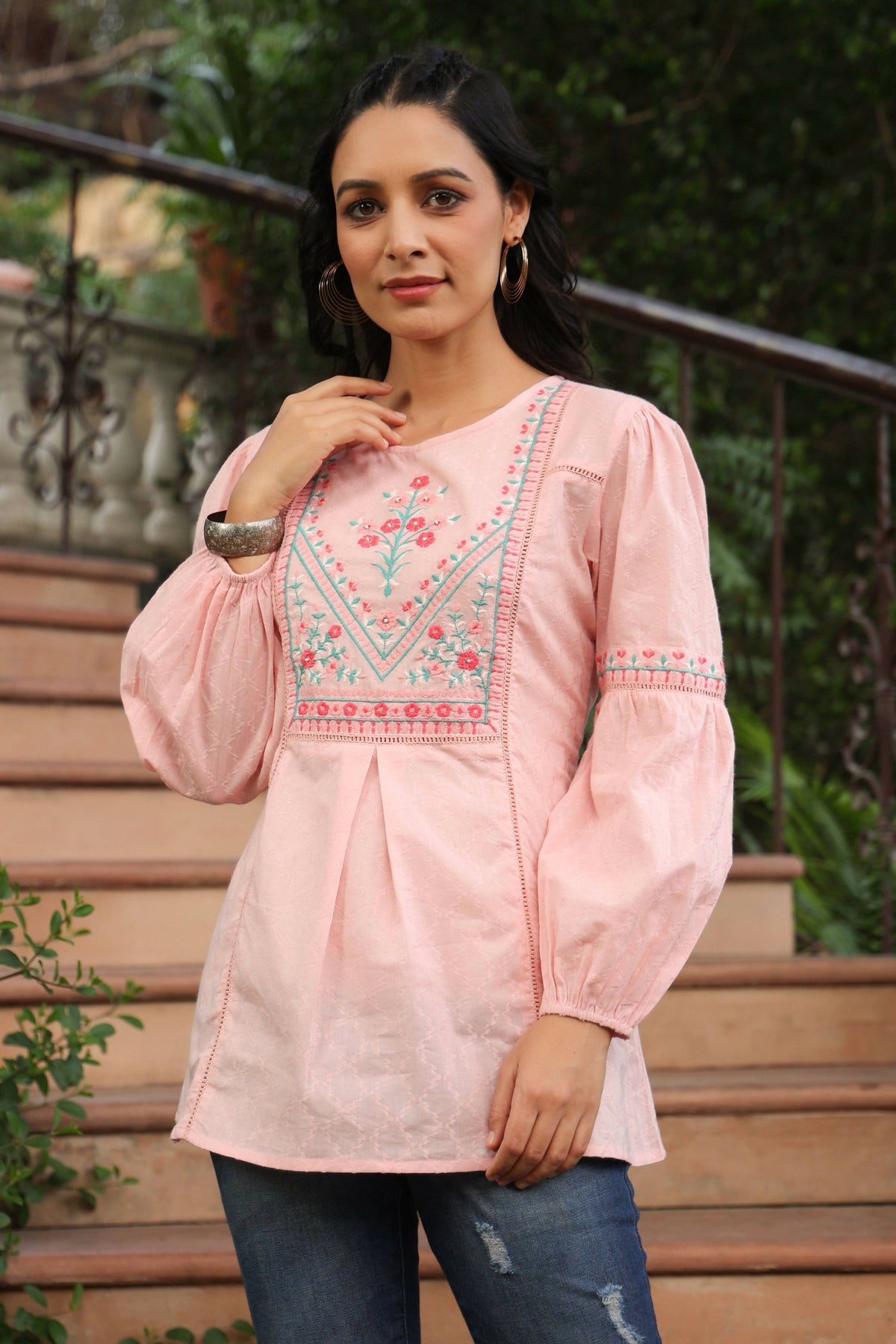 Juniper Women's Peach Cotton Dobby Solid Embroidered Straight Tunic | Grocsy