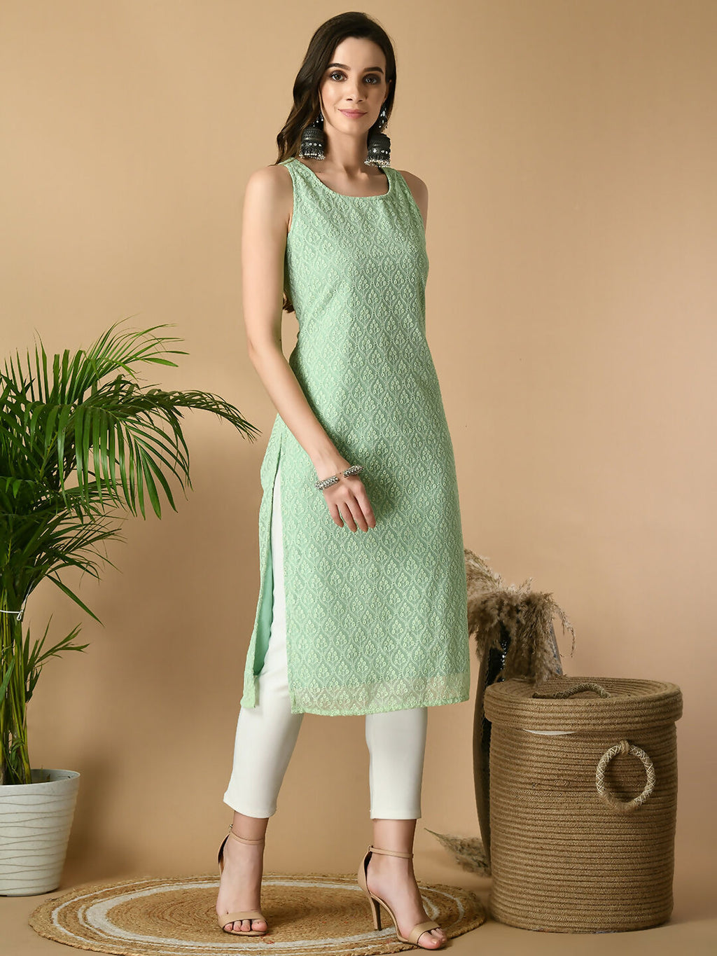 Myshka Women's Green Georgette Sleeveless Straight Party Kurta | Grocsy