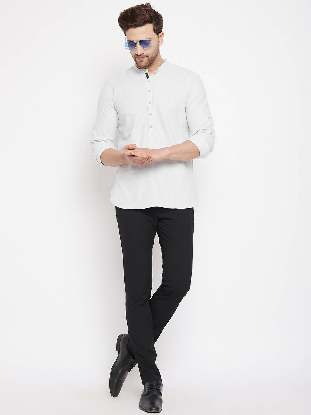 Even Apparels Cream Acrylic Short Men's Kurta With Band Collar | Grocsy