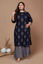 Miravan Women's Plus Size Navy Blue Printed Pure Cotton Kurta With Sharara | Grocsy