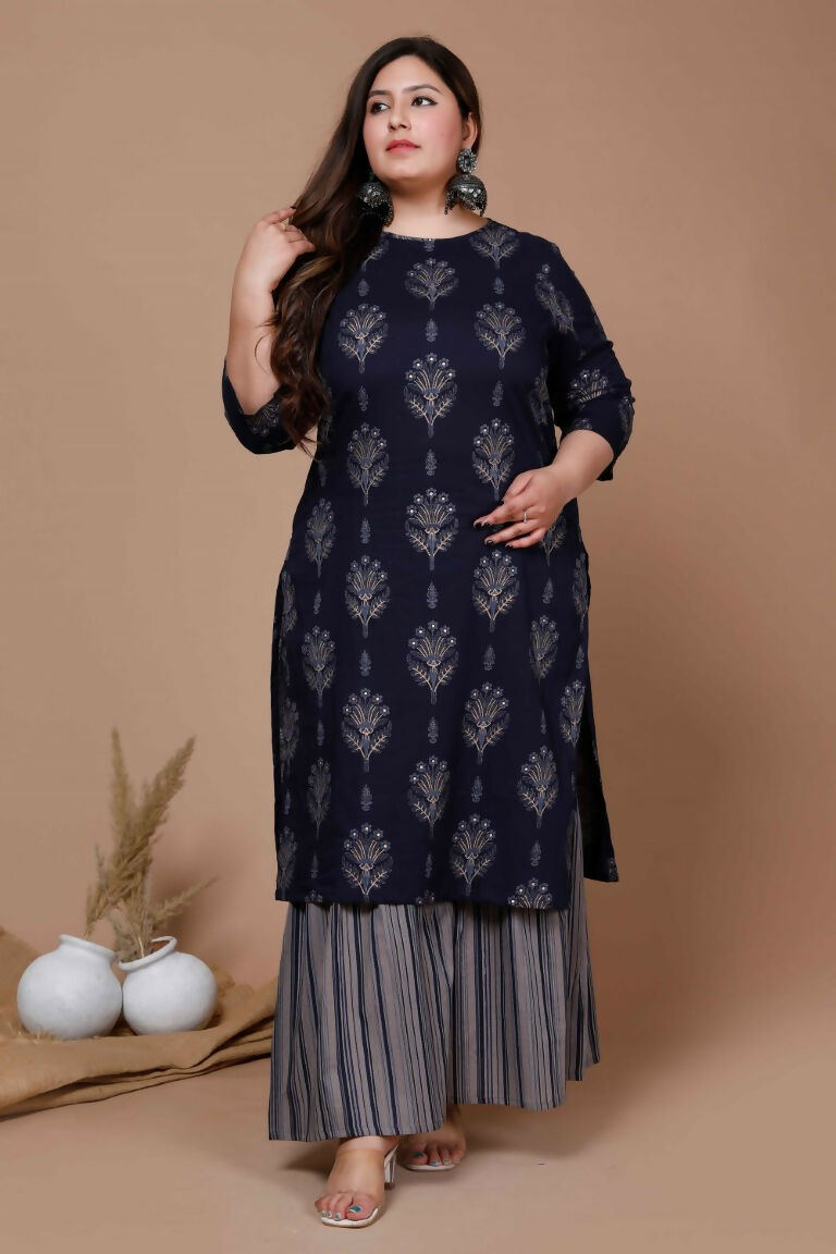 Miravan Women's Plus Size Navy Blue Printed Pure Cotton Kurta With Sharara | Grocsy