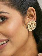 Nuyug 22K Gold-Plated Elegant Kundan Stone Studded & Pearl Beaded Disc Studs | Grocsy