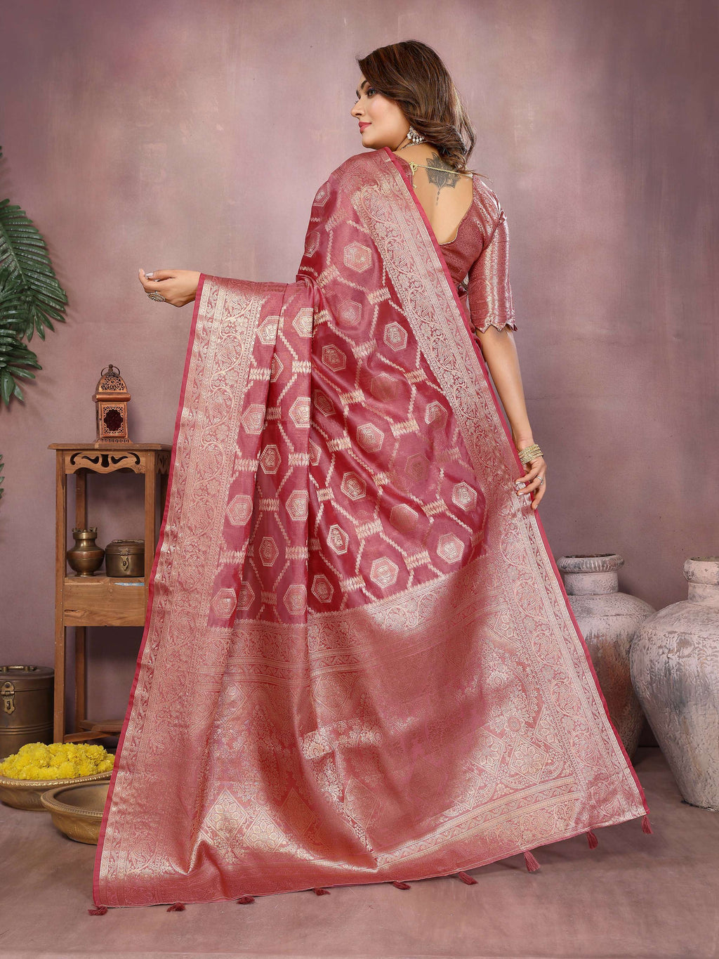 Aastha Fashion Dark Pink Soft Organza Silk Weaving Saree | Grocsy