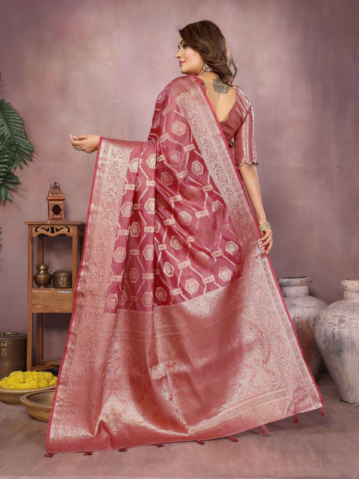 Aastha Fashion Dark Pink Soft Organza Silk Weaving Saree | Grocsy