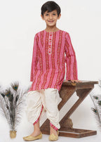 Little Bansi Boys Cotton Striped Kurta with Pearl Buttons & Dhoti -Pink & Cream | Grocsy