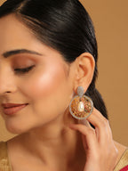 Nuyug 22K Gold Plated Cubic Zirconia Studded Contemporary Moon Shaped Pearl Drop Chandbalis | Grocsy