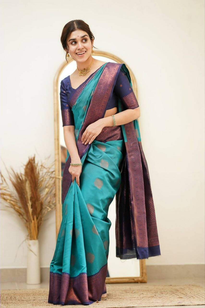 DEIANA'S Beautiful Designer Golden zari Soft Lichi Silk Saree - Sky | Grocsy