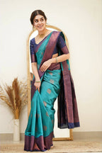 DEIANA'S Beautiful Designer Golden zari Soft Lichi Silk Saree - Sky | Grocsy