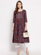 Myshka Women's Wine Cotton 3/4 Sleeve Round Neck Printed Casual Shrug | Grocsy